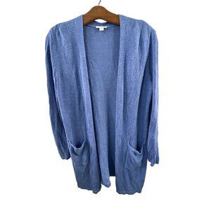J Jill Long Linen Duster Cardigan Sweater Size Small Open Front Knit Blue
